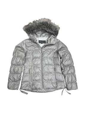EDDIE BAUER Goose Down Coat Silver Faux Fur Winter Puffer Parka Jacket Womens S
